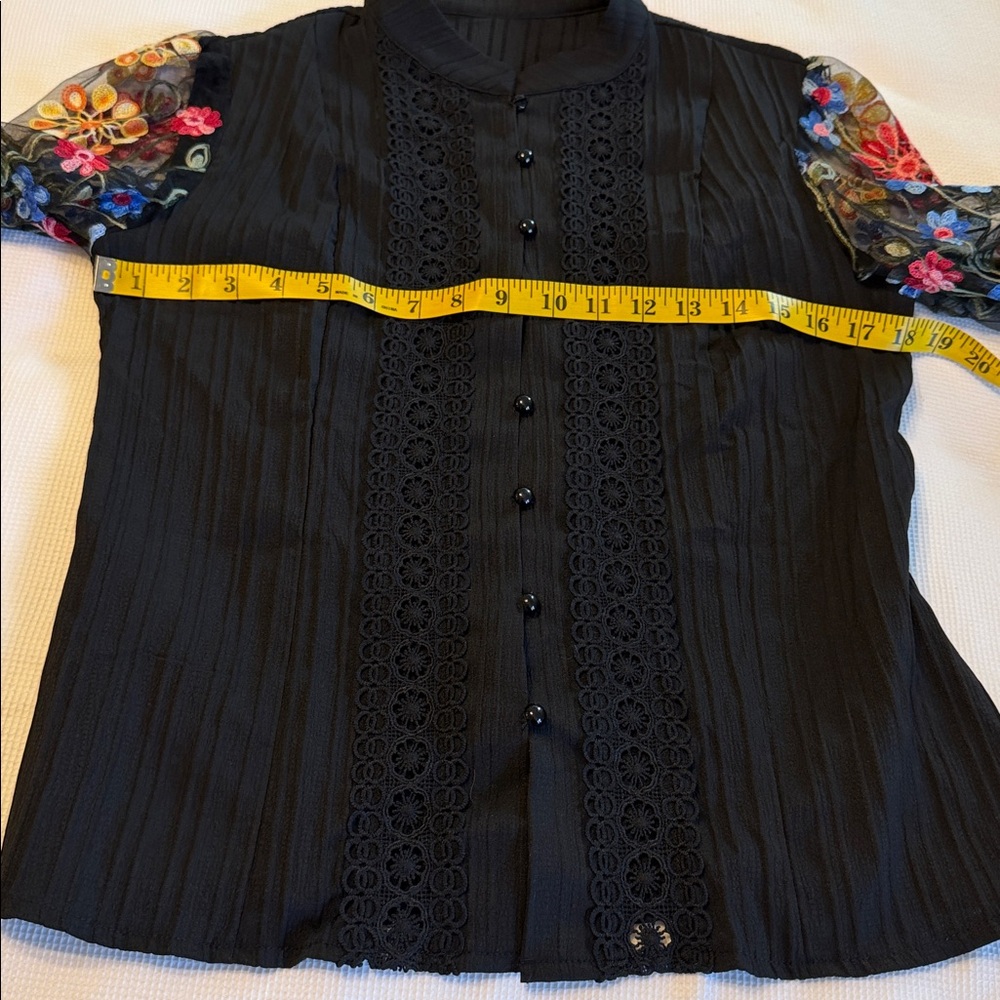 Boho Sheer Mesh Floral Embroidered Button Down Up Shirt Top Blouse Black US 4 - Picture 10 of 13